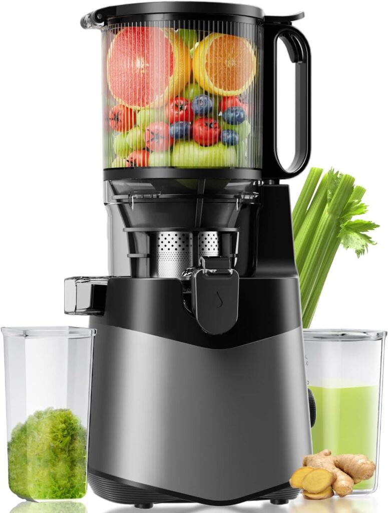 Cold Press Juicer, 5.3″ Wide Feed Chute Juice Extractor Machine with 400W, High Juice Yield, Slow Masticating Juicer for Whole Vegetables & Fruits, Deep Grey