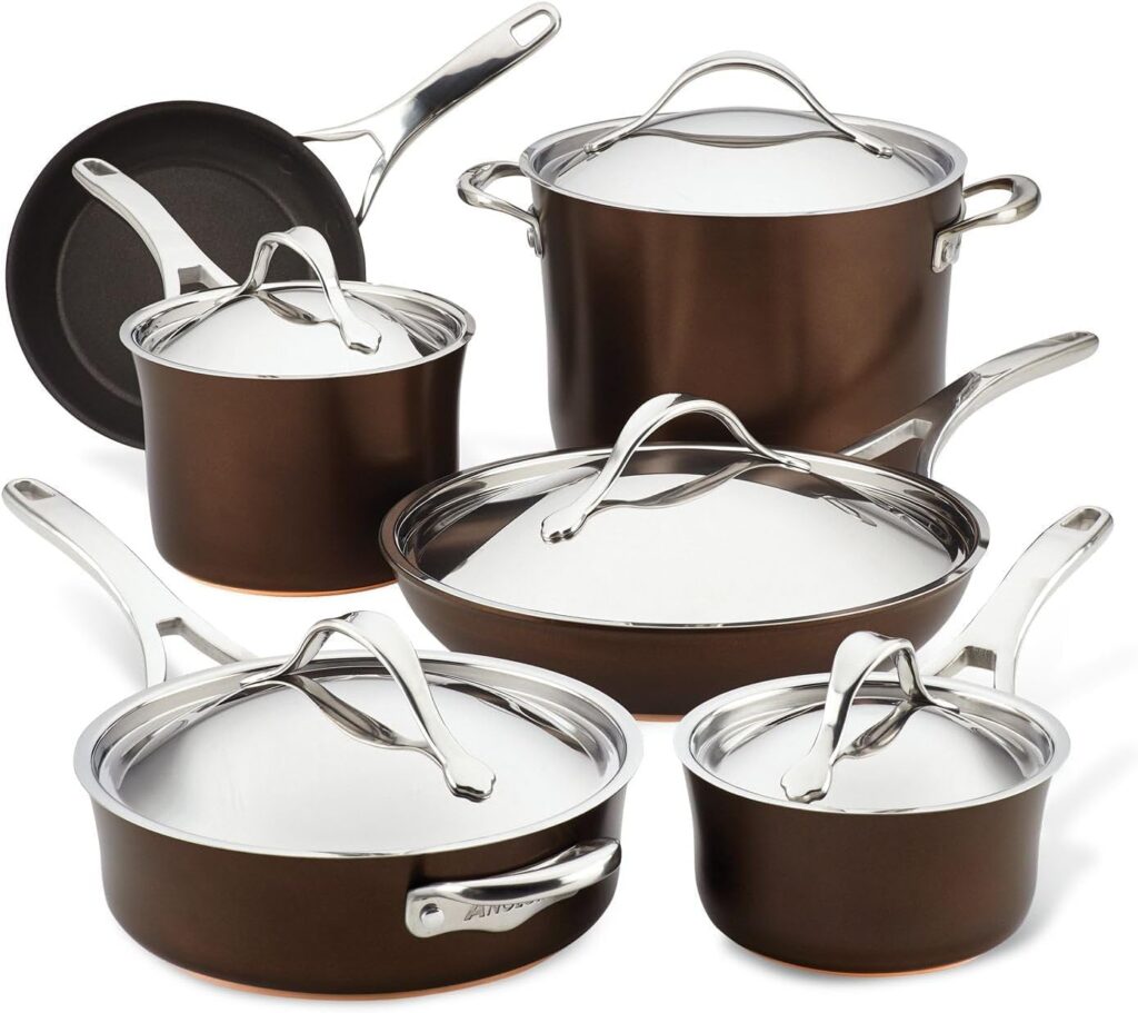 Anolon 83852 Nouvelle Copper Hard Anodized Nonstick Cookware Set / Pots and Pans Set – 11 Piece, Brown