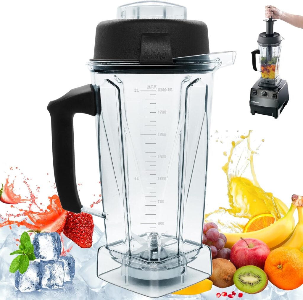 Upgrade For 64oz Vitamix Blender Pitcher with Tamper, Replacement 5200 5300 6000 6300 6500 5000 5500 7500 4500 A2300 A3300 etc For Vitamix Blender Container Jar Cup, 1 Year Manufacturer