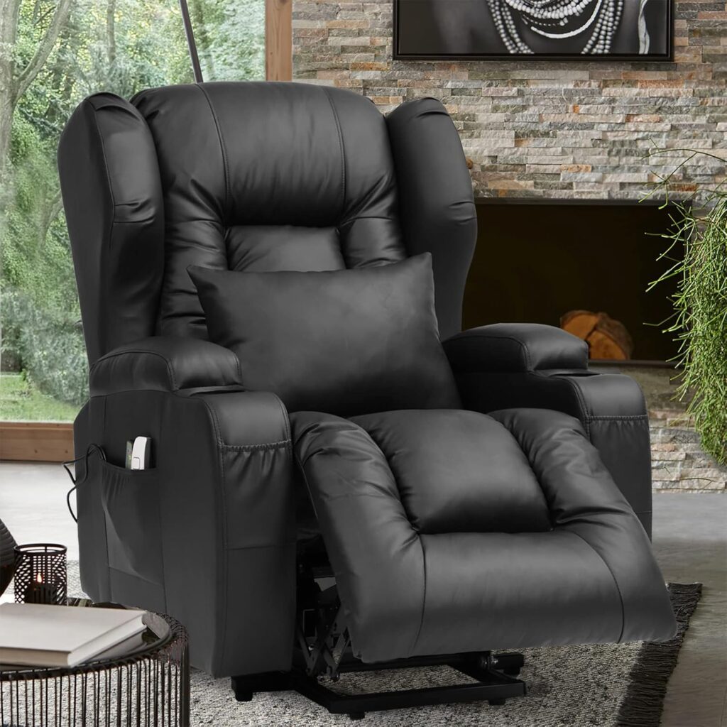 Big Lift Chairs Recliners for Elderly with Massage and Heating, Overstuffed Power Lift Recliner Chair, PU Leather Lazy Sofa Chairs for Living Room, 2 Remote Control/USB Port/Cup Holders