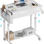 Small White Portable Rolling Standing Desk with Wheels, 32 Inch Adjustable Mobile Stand up Teacher Desks with 2 Fabric Drawers, Couch Sofa Side Laptop Table with Storage for Bedroom Home Office
