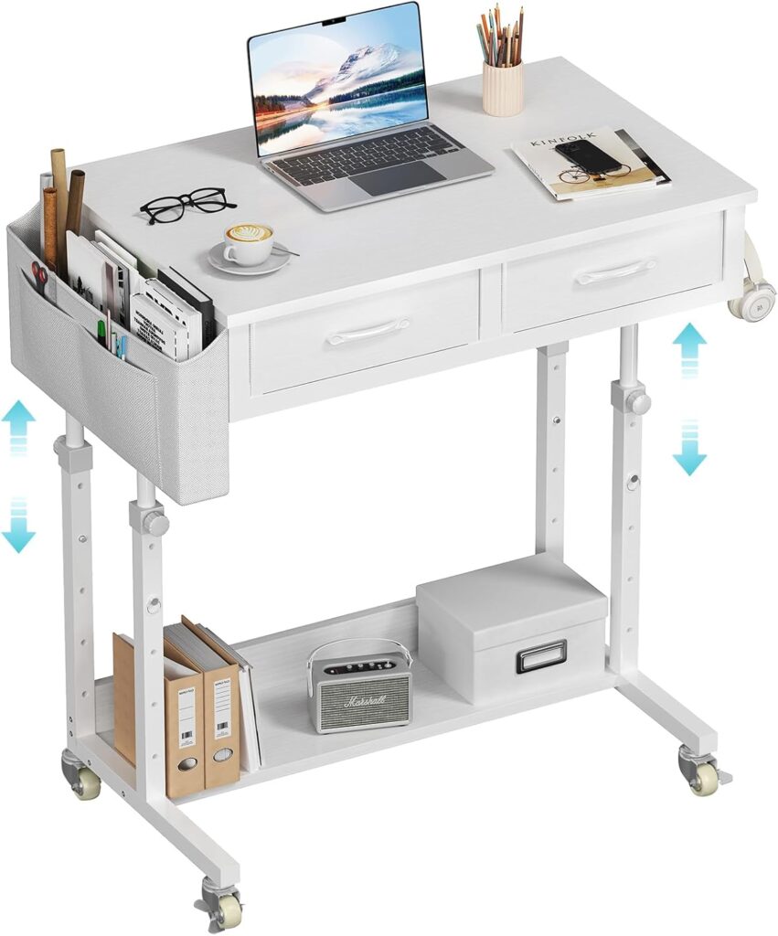 Small White Portable Rolling Standing Desk with Wheels, 32 Inch Adjustable Mobile Stand up Teacher Desks with 2 Fabric Drawers, Couch Sofa Side Laptop Table with Storage for Bedroom Home Office