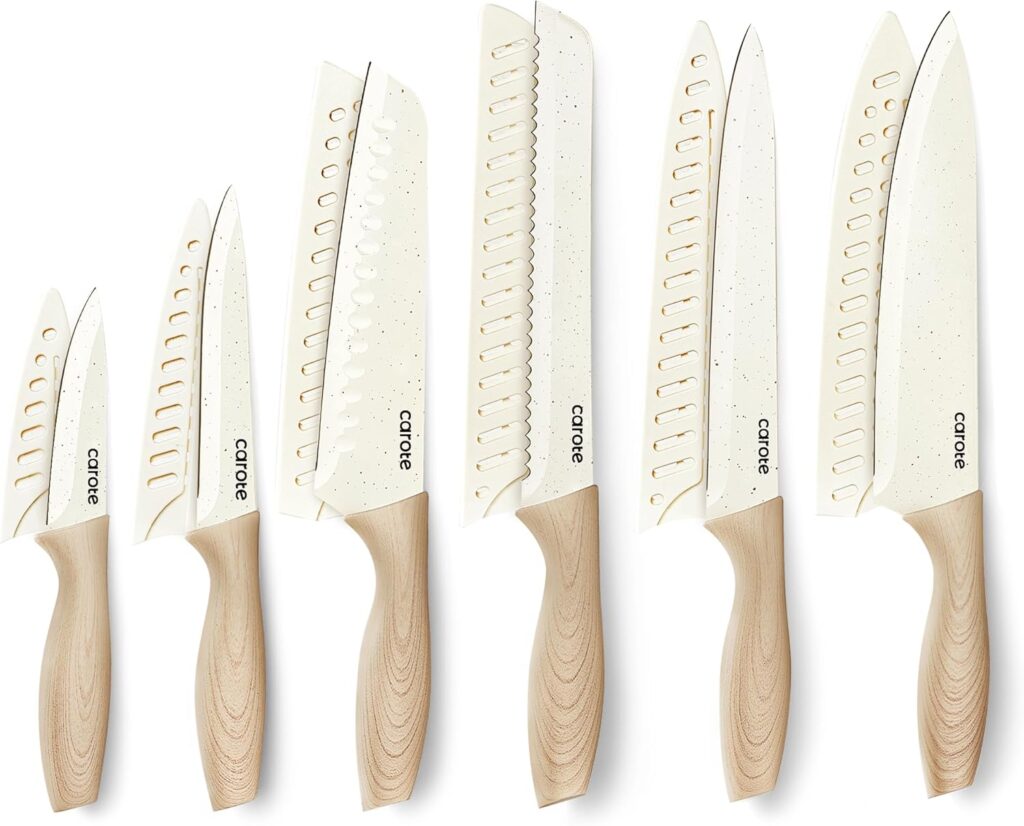 CAROTE 12PCS Knife set with Blade Guards,Granite Nonstick Ceramic Coating,Stainless Steel blade, Wood Grain Handle, Essential knife set,White