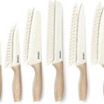 CAROTE 12PCS Knife set with Blade Guards,Granite Nonstick Ceramic Coating,Stainless Steel blade, Wood Grain Handle, Essential knife set,White