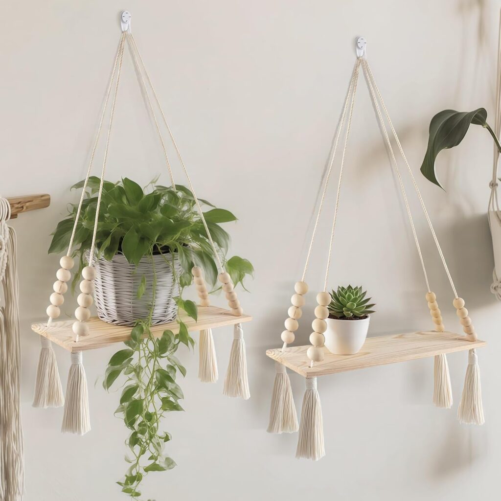 2 Pcs Wooden Wall Hanging Shelves, Macrame Hanging Plant Shelf with Tassel,Boho Storage Floating Shelves Handmade Rustic Hanger Planter Rack Pot Stand Holder for Bedroom Dorm Nursery Living Room
