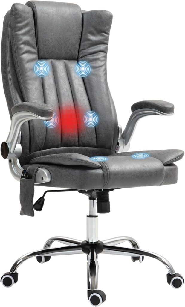 HOMCOM High Back Vibration Massage Office Chair, Leathaire Heated Computer Chair with Flip-up Armrest, Swivel Wheels & Adjustable Height, Gray
