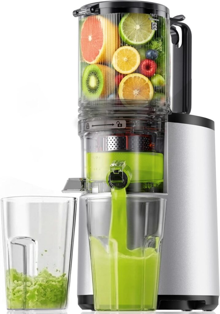 Cold Press Juicer, EUHOMY 5.5″ Extra Large Feed Chute Slow Masticating Juicer, 250W Juicer Machines, 99.6% High Juice Yield, Easy to clean, Reverse Function, for Whole Vegetables & Fruits. Sliver
