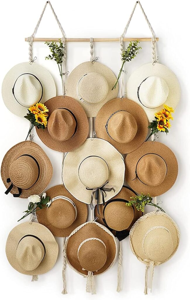 Macrame Hat Rack for Wall 31×53 in Hat Organizer with 15 Clips Hanging Hat Hanger Holder for Women Wide Brimmed Hat Storage for Fedora Boho Decorative Display