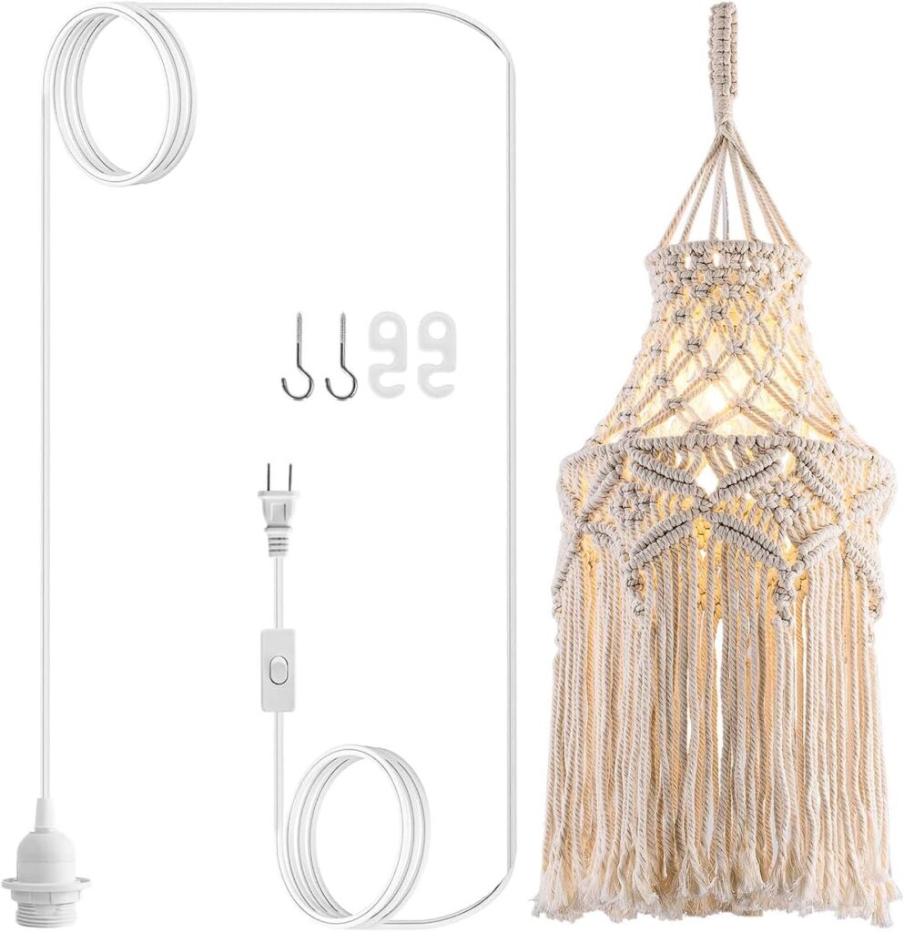 Boho Plug in Pendant Light Macrame Lamp Shade, Hanging Lamp with Plug in Cord,On/Off Switch,Bohemian Hanging Light Fixtures That Plug Into Wall Outlet for Bedroom Decor Living Room