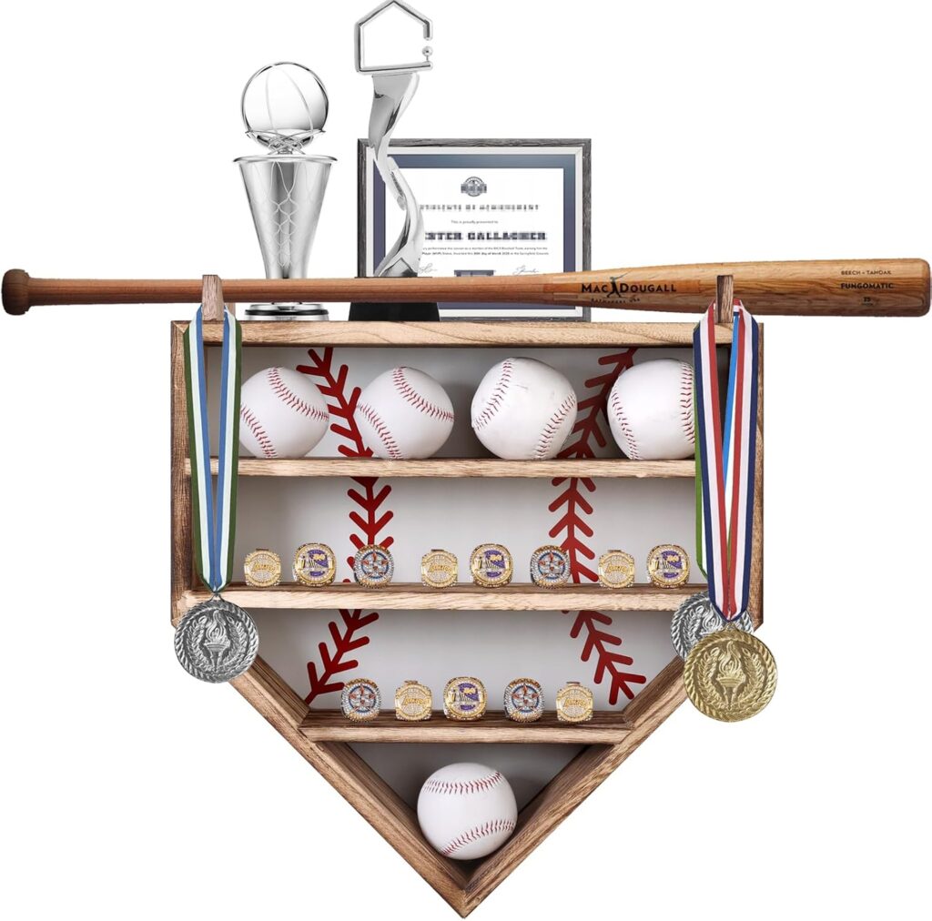 Baseball Display Case, Wood Display Rack for Bat, Trophy, and Medal, Wall Mount Baseball Holder for Collectibles and Memorabilia