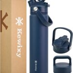 24 oz Insulated Water Bottle, 2-in-1 Lid, Straw & Spout with Protected, Leak Proof, Keep Cold, Stainless Steel, Metal, Reusable, Handle, for Travel, Gym and School, 2 Lids, Denim Blue