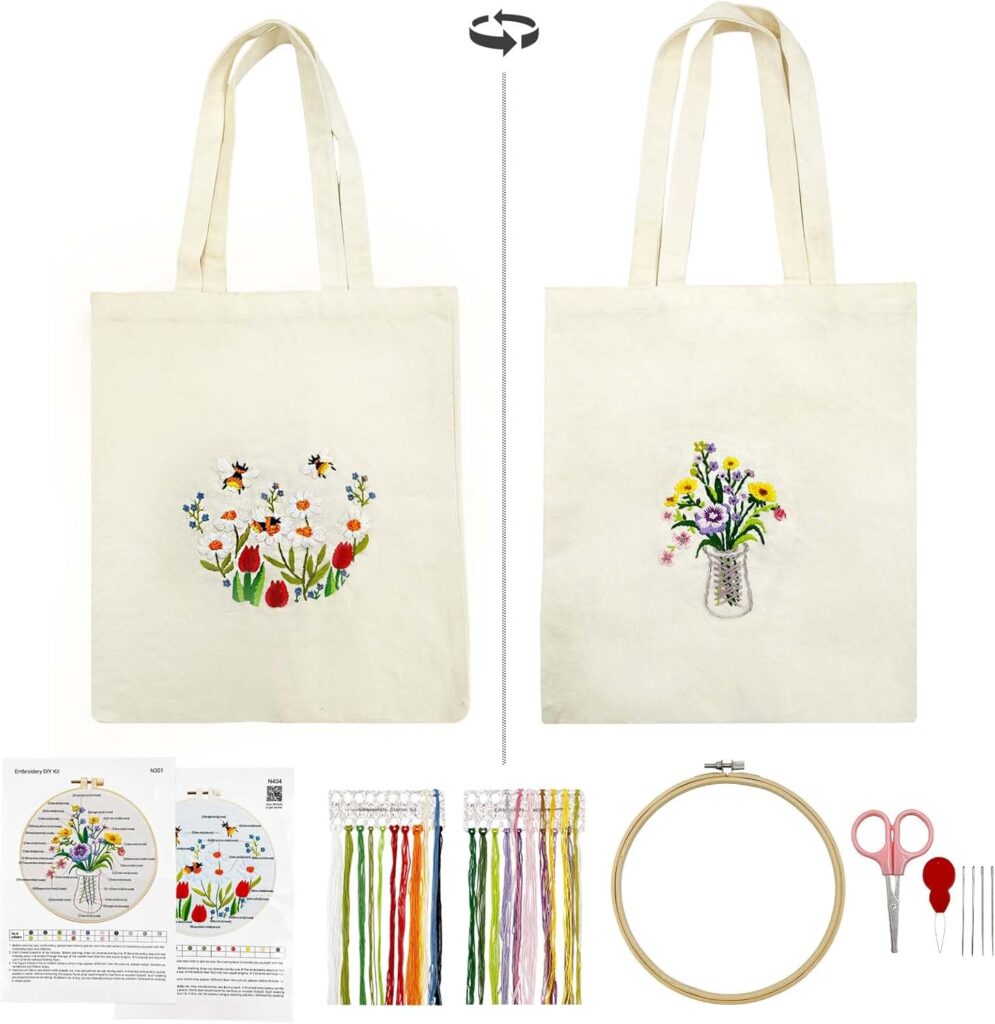 SNAIL GARDEN Double-Sided Embroidery Tote Bag Kit for Beginners, Reversible Floral and Bee & Vase Design, Complete Cross Stitch Supplies Included for Adults & Women