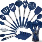 HOTEC 446°F Heat Resistant Silicone Kitchen Utensils, BPA Free Cooking Utensil Set, Spatula Set, Kitchen Gadgets, with Stainless Steel Utensils Holder, Dishwasher Safe, 14pcs Classic Blue