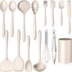 15-Piece Kitchen Cooking Utensils Set with Holder, Homikit Heat Resistant Food Grade Silicone Kitchen Utensils include Slotted Spatula Ladle Turner for Nonstick Cookware, Dishwasher Safe- Khaki