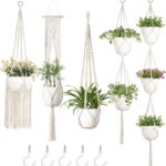 Mkono Macrame Plant Hangers, 5 Pack Different Tiers Indoor Hanging Planters Basket with 5 Hooks Decorative Flower Pots Holder Stand Boho Home Decor, Ivory
