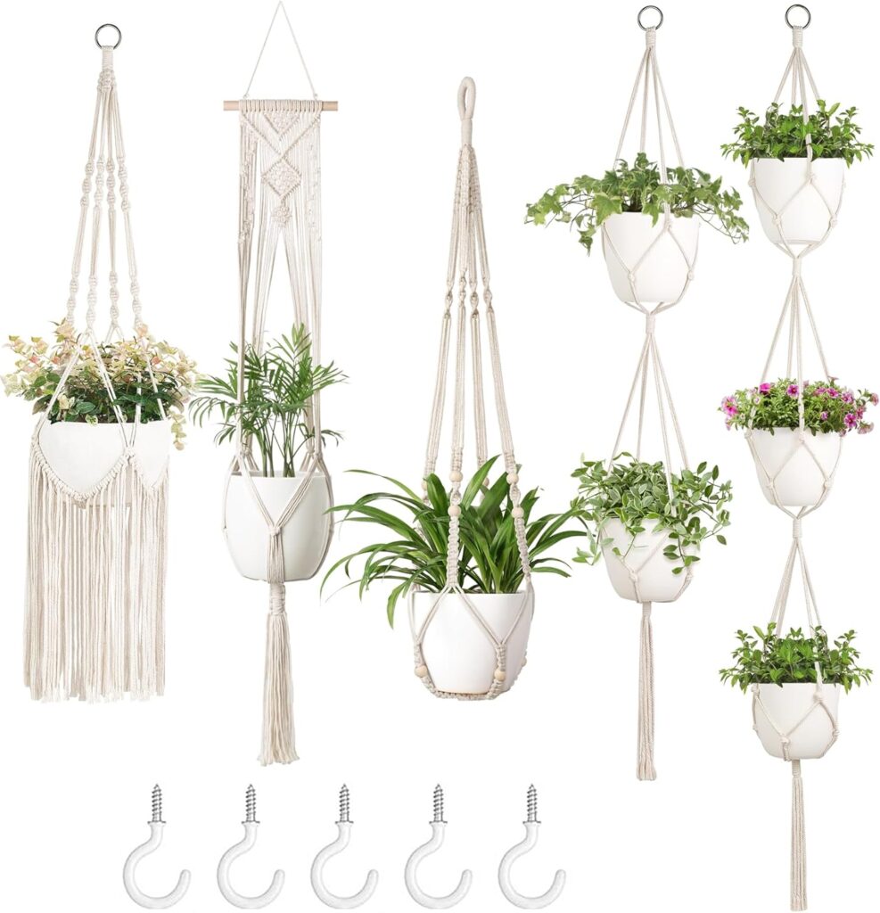 Mkono Macrame Plant Hangers, 5 Pack Different Tiers Indoor Hanging Planters Basket with 5 Hooks Decorative Flower Pots Holder Stand Boho Home Decor, Ivory