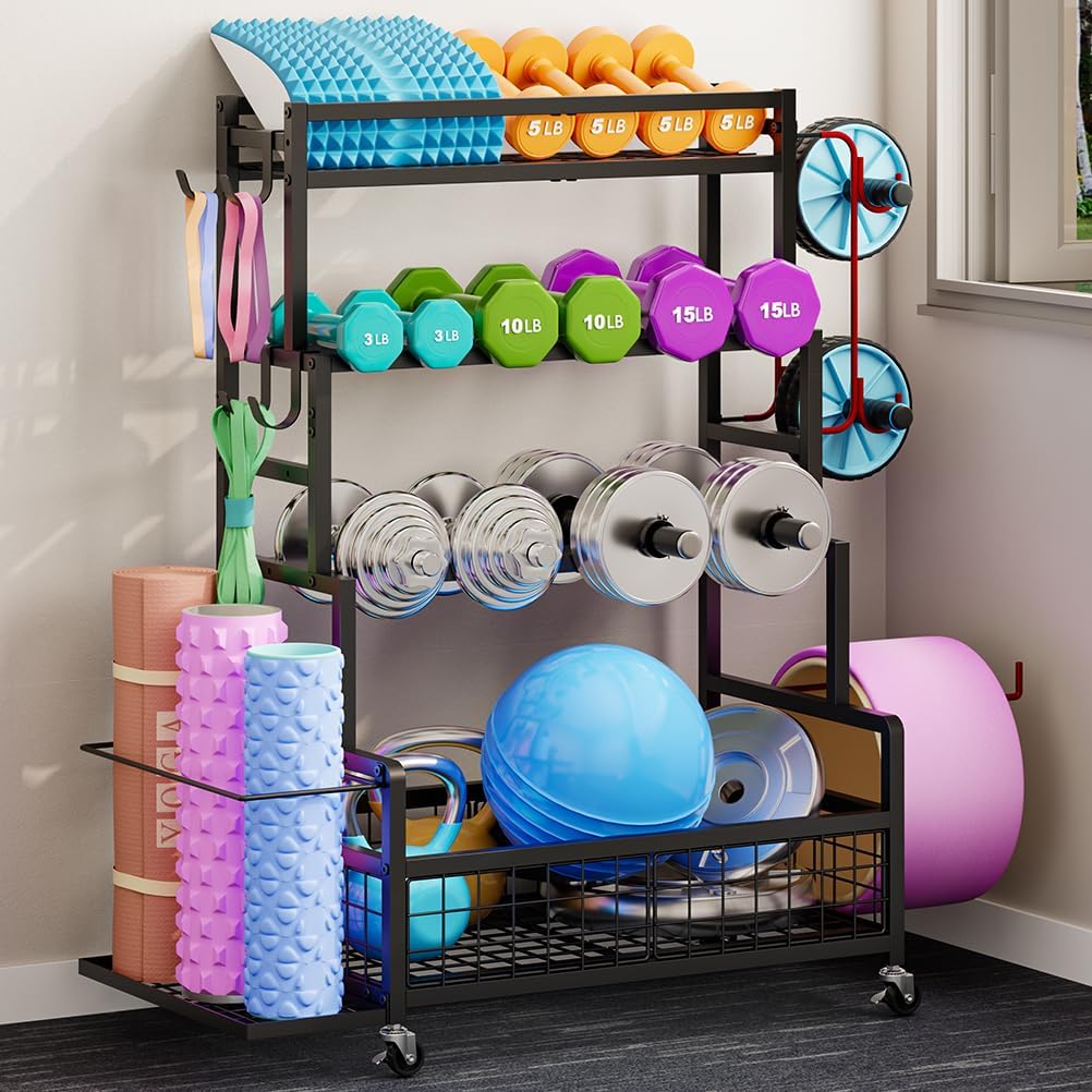 Dumbbell Rack,Home Gym Storage Rack,Total Weight Capacity 490 lbs,Weight Rack with Wheels/Strength Training Equipment Storage Rack with Hooks,Stores Dumbbells,Kettlebells,Yoga Mats