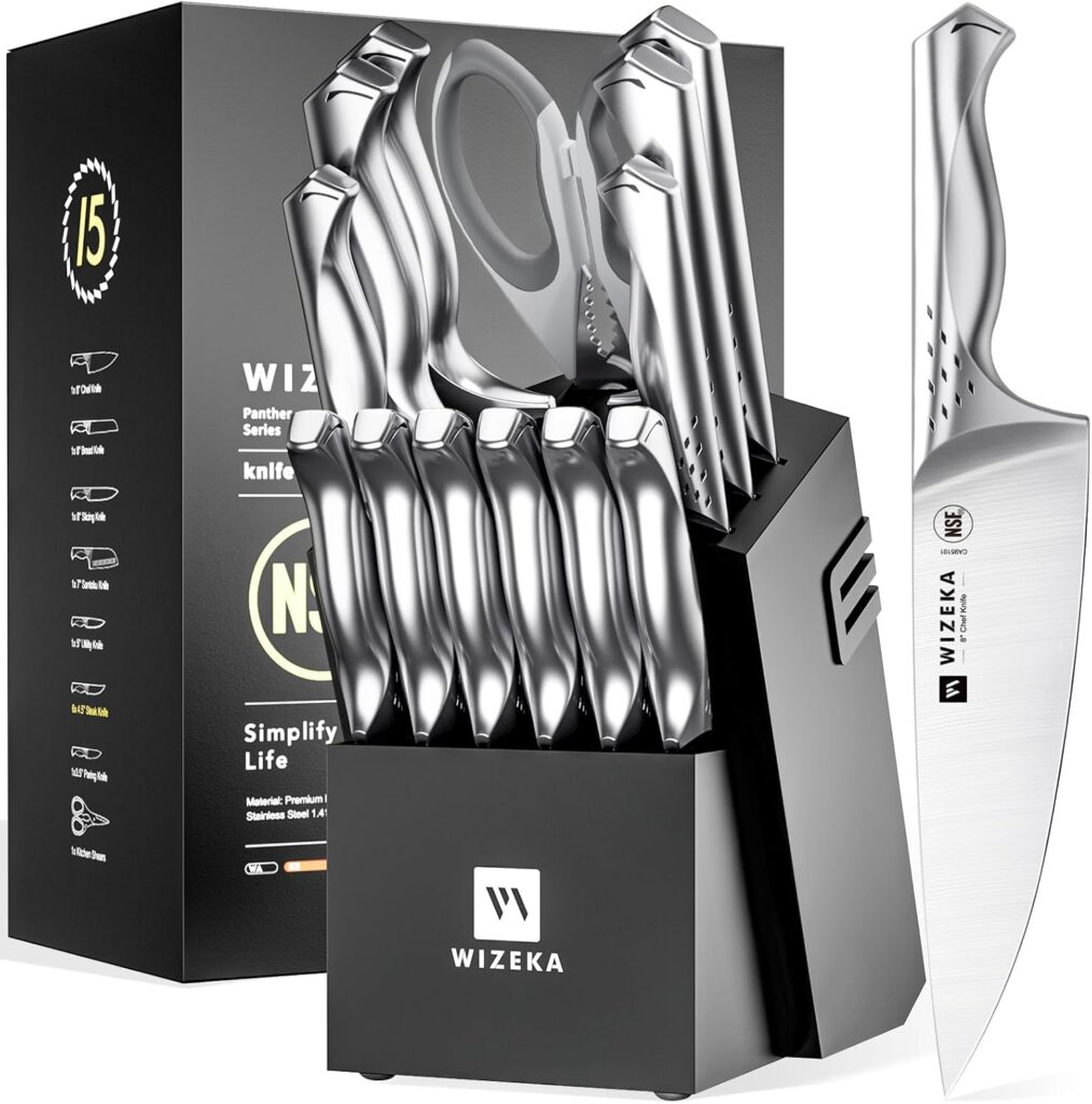 WIZEKA Kitchen Knife Set with Block: Razor Sharp 15 Pcs Professional Chef Knife Set with Knife Sharpener, Food Grade German Stainless Steel Knife Block Set, Jaguar Series