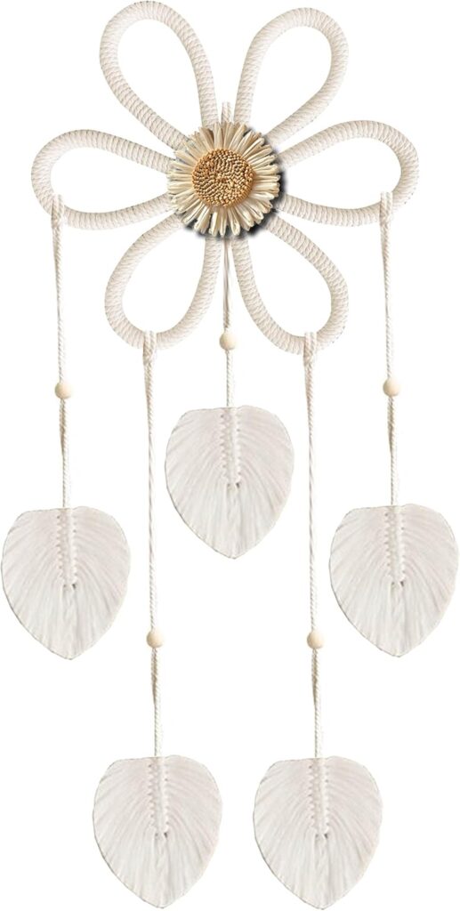 Macrame Wall Hanging – Handmade Sage Green Leaf Tapestry, Handmade Flower Wall Hanging, Bohemian Decor Bedroom Living Room Bathroom Room Nursery Decor (White)