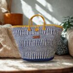 Ripples of Nourishment Handmade Sisal Straw Basket Tote Bag, Market Basket with Leather Strap Handles and Button Closure, Large Straw Purse Suitable for Travel, Handmade Summer Tote for Women