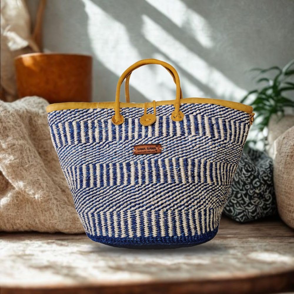 Ripples of Nourishment Handmade Sisal Straw Basket Tote Bag, Market Basket with Leather Strap Handles and Button Closure, Large Straw Purse Suitable for Travel, Handmade Summer Tote for Women