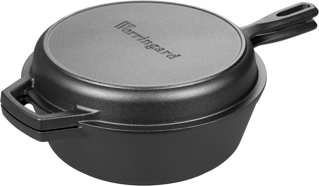 Pre-seasoned Cast Iron Double Dutch Oven Pot with Skillet Lid, for Bread Baking, Outdoor, Campfire Cooking, 3 Quart