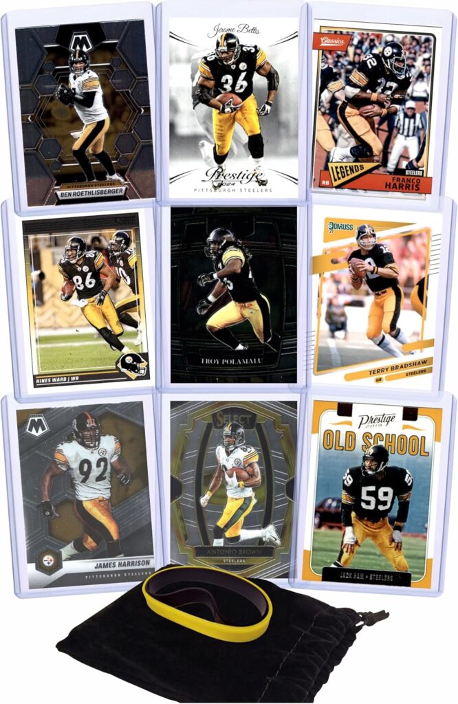 Pittsburgh Steelers Football Legends Cards: Ben Roethlisberger, Jerome Bettis, Franco Harris, Hines Ward, Troy Polamalu, Terry Bradshaw, James Harrison, Antonio Brown, Jack Ham (9) Assorted GOAT Card Hall of Fame Gift Pack