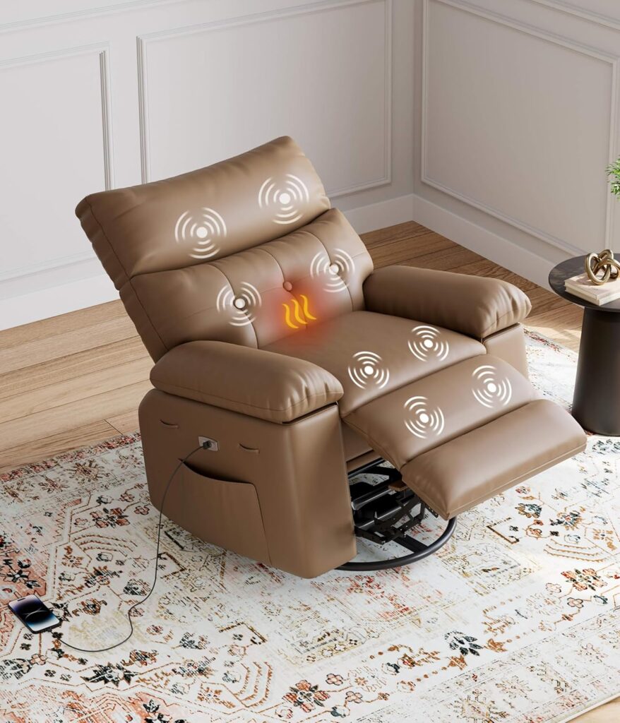 GarveeHome Oversized Power Rocker Swivel Recliner Chair – Heat and Massage, Extra Wide Electric Recliner Ergonomic PU Leather Single Sofa, Tall Back, Padded Seat, Lazy Chair for Living Room