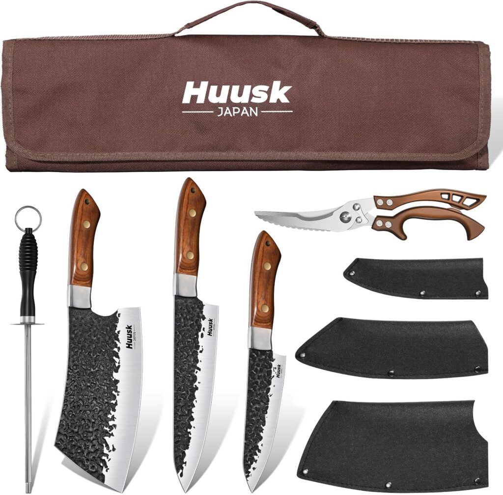 Huusk Butcher Knife Set, 5 Pcs Butcher Chef Knife Set – Hand Forged Meat Cleaver & Chef Viking Knife & Utility Knives, Kitchen Knives Set with Bag for Cooking, Outdoor Camping, BBQ, Gifts for Men