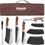 Huusk Butcher Knife Set, 5 Pcs Butcher Chef Knife Set – Hand Forged Meat Cleaver & Chef Viking Knife & Utility Knives, Kitchen Knives Set with Bag for Cooking, Outdoor Camping, BBQ, Gifts for Men