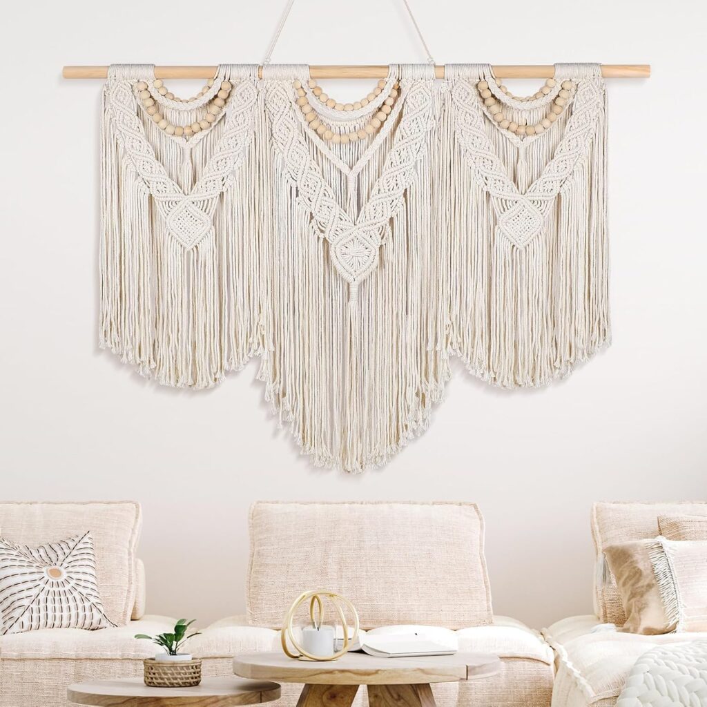 Newwiee 43″ x 32″ Large Macrame Wall Hanging with Rod Boho Decor Woven Tapestry Wall Art Bohemian Decor Tassel Macrame Curtains for Home Living Room Wedding Apartment Decoration (Classic Style)