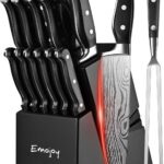 Knife Set, Emojoy 18-Piece Knife Sets for Kitchen with Block, Stainless Steel Kitchen Knives with Built-in Sharpener, Shears and Carving Fork, Black