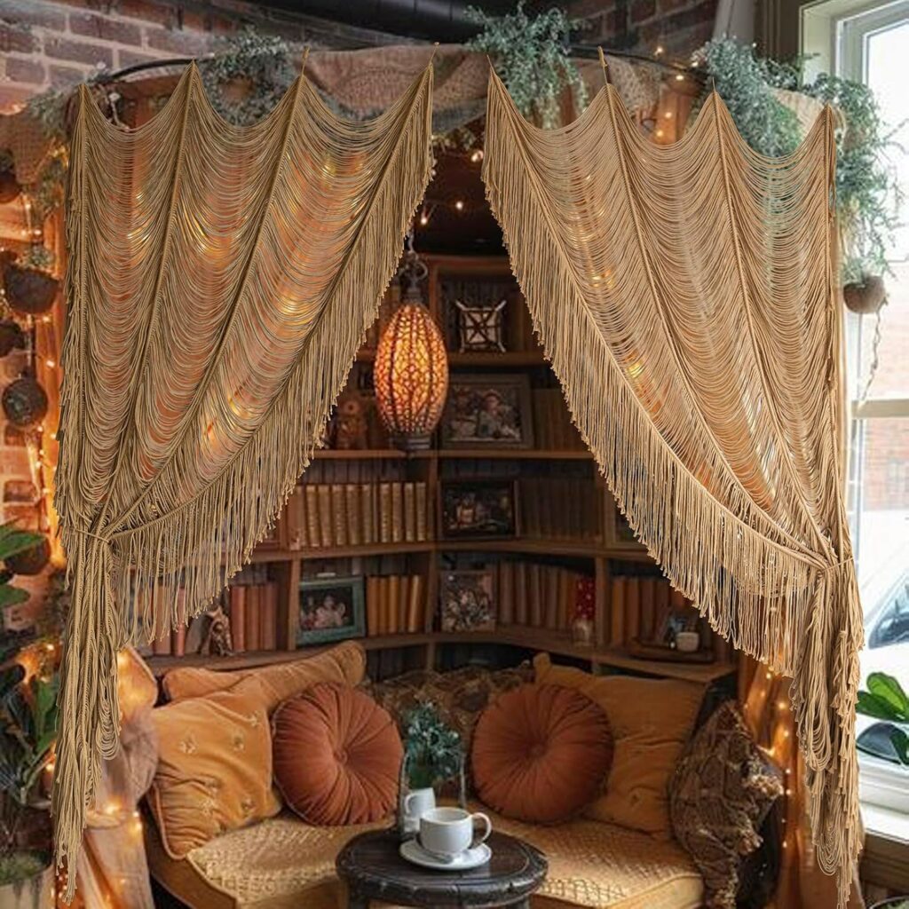 Macrame Curtain Boho Curtain Doorway Window Wall Decor Fiber Yarn Art Handwoven Wall Hanging Art Craftsmanship Home Door Bedroom Wedding Backdrop Arch,Closet Room Divider 59″ W x 75″ H (1 Panel,Khaki)