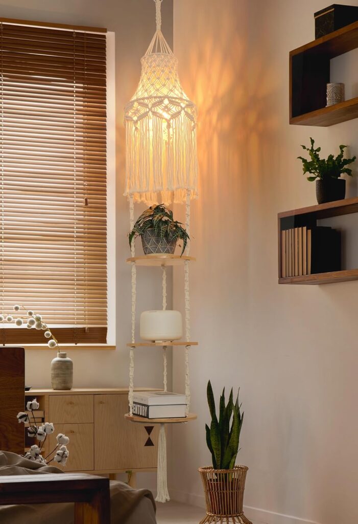 ANROYE 3-Tier Macrame Hanging Lamp Shelf, Boho Woven Corner Pendant Light Shade Plant Shelves with Plug Cord, Bohemian Hanging Bedside Ceiling Light Fixture, Farmhouse Decor for Bedroom Women Gift