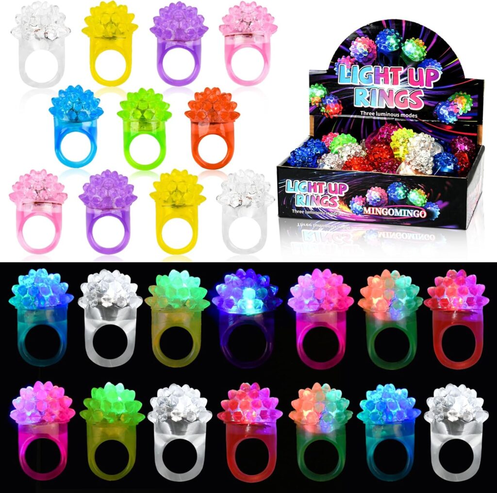 MINGOMINGO 25 Pack Led Light up Rings & Glow Rings Bulk Party Favors – 3-Mode Flashing LED Jewelry, Treasure Box Toys for Classroom, Easter Egg Fillers, Bulk Halloween Christmas Concert Supplies