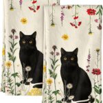 Flour Sack Kitchen Towels Set of 2-18×26 Cotton Dish Towels with Hanging Loop Reusable Tea Towel for Cleaning Spring Absorbent Dishcloths Cute Home Decor Housewarming, Retro Cats Floral