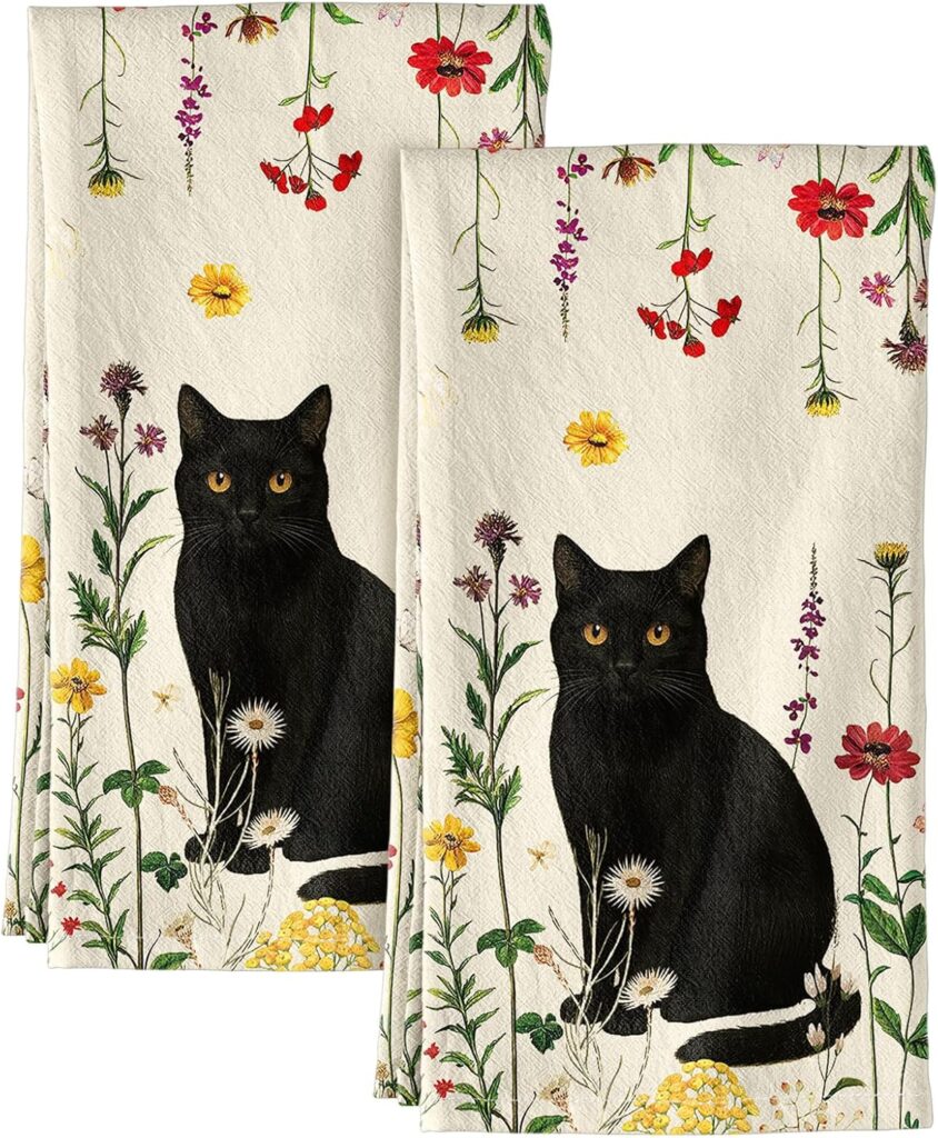 Flour Sack Kitchen Towels Set of 2-18×26 Cotton Dish Towels with Hanging Loop Reusable Tea Towel for Cleaning Spring Absorbent Dishcloths Cute Home Decor Housewarming, Retro Cats Floral