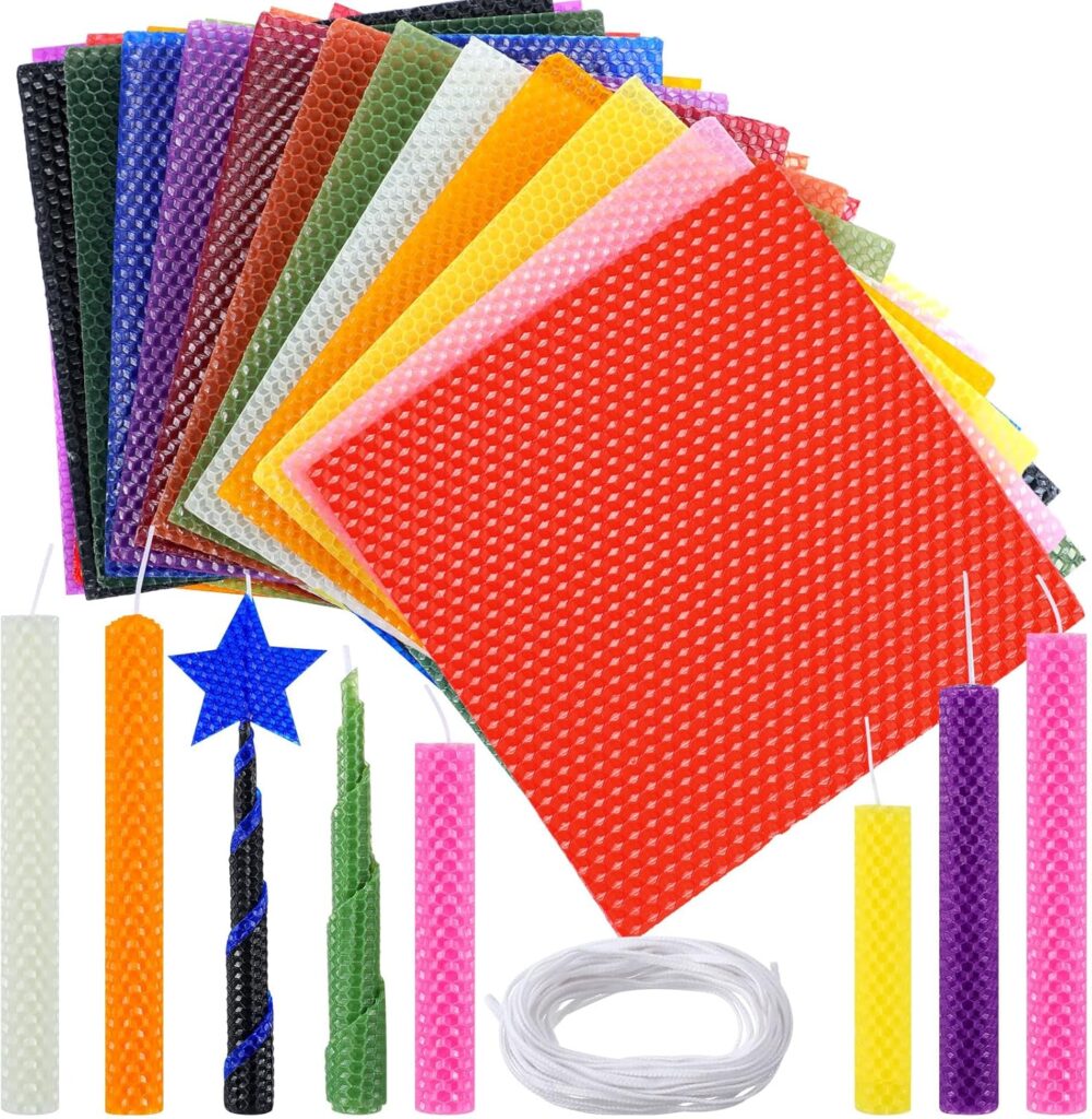 Moinchore 24 Pcs Beeswax Candle Making Kit, 8 x 8 Inch Vibrant Colors Beeswax Sheet for Candle Making with 1 Roll Cotton Wick, DIY Craft Rolling Supplies for Christmas Handmade Crafts Gift(Multicolor)