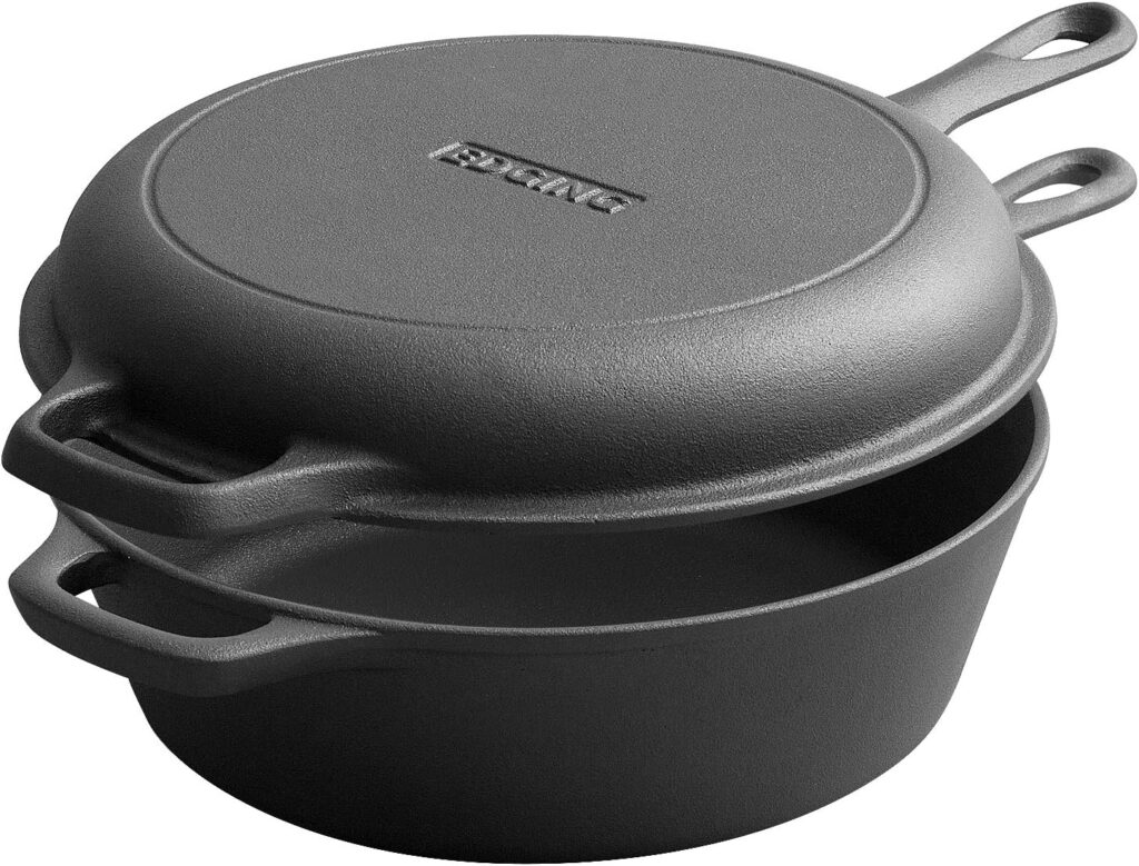 2-in-1 Pre-Seasoned Cast Iron Dutch Oven Pot with Skillet Lid Set, 10″ Skillet 3QT Pot for Cooking, Baking, Frying and Camping