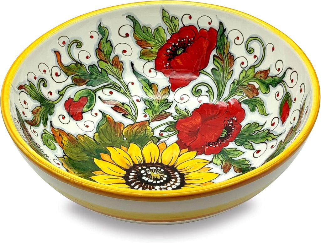 Large Ceramic Bowl for kitchen – Italian dinnerware pasta bowl – White Sunflower Poppies serving tray – Hand painted Tuscan pottery bowls – Made in Italy – Ceramics salad tuscan soul platter