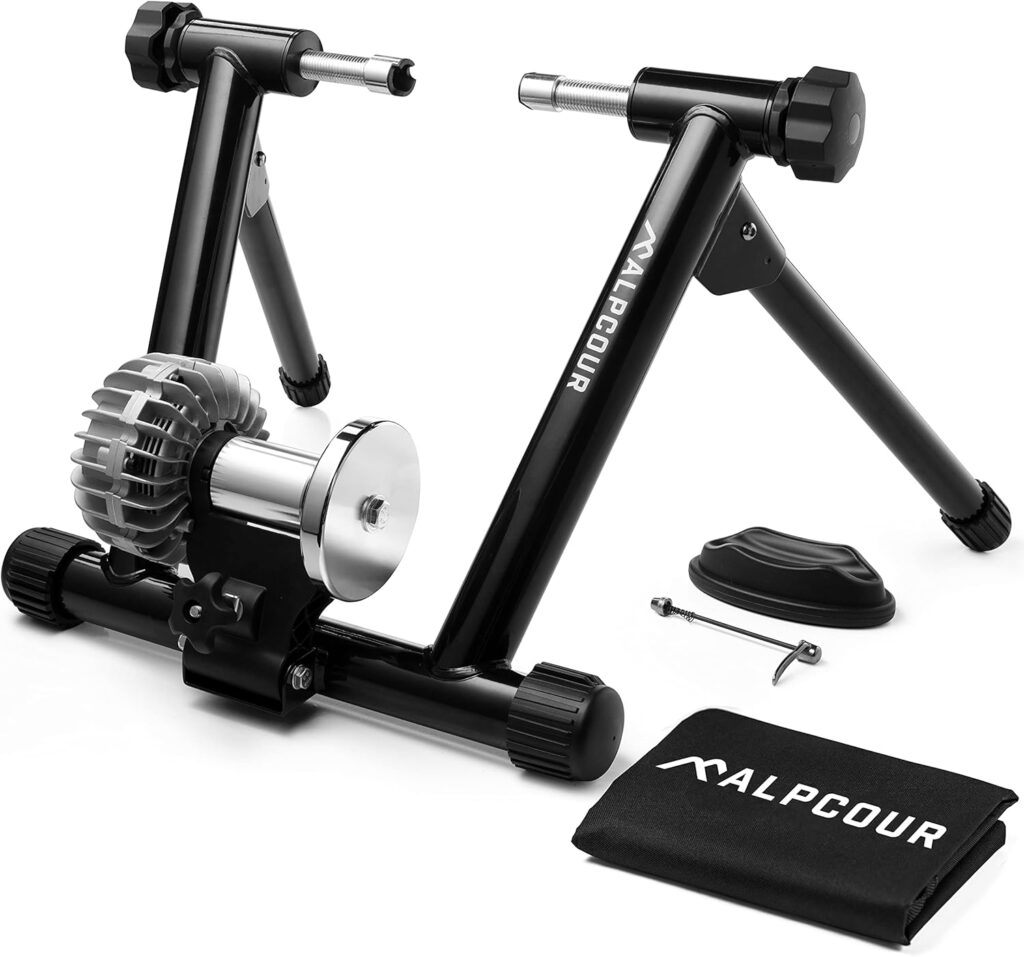 Alpcour Fluid Bike Trainer Stand for Indoor Riding – Portable Foldable Stainless Steel Trainer, Noise Reduction, Progressive Resistance, Dual-Lock System – Road & Mountain Bikes’ Stationary Exercise