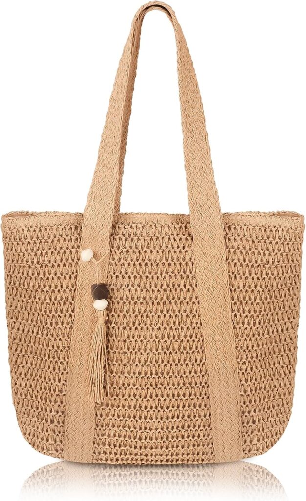 Womens Large Capacity Straw woven Tote with Hat, Summer Beach Shoulder Bag for Shopping Camping