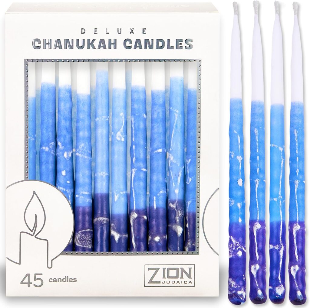 Deluxe Chanukah Candles for Menorah – Decorative Hanukkah Candles Set of 45 Multi Blue Thin Tapered Frosted Candle Hand Made Includes a DIY Dreidel, Prayer Song Card by Zion Judaica (Blue Elegance)