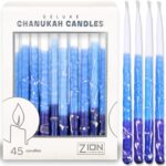 Deluxe Chanukah Candles for Menorah – Decorative Hanukkah Candles Set of 45 Multi Blue Thin Tapered Frosted Candle Hand Made Includes a DIY Dreidel, Prayer Song Card by Zion Judaica (Blue Elegance)