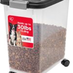 IRIS USA Airtight Dog Food Storage Container, Up to 30 lbs, Attachable Wheels, for Dog Cat Bird and other Pet Food Storage Bin, Keep Fresh, Easy Mobility, BPA Free, Black