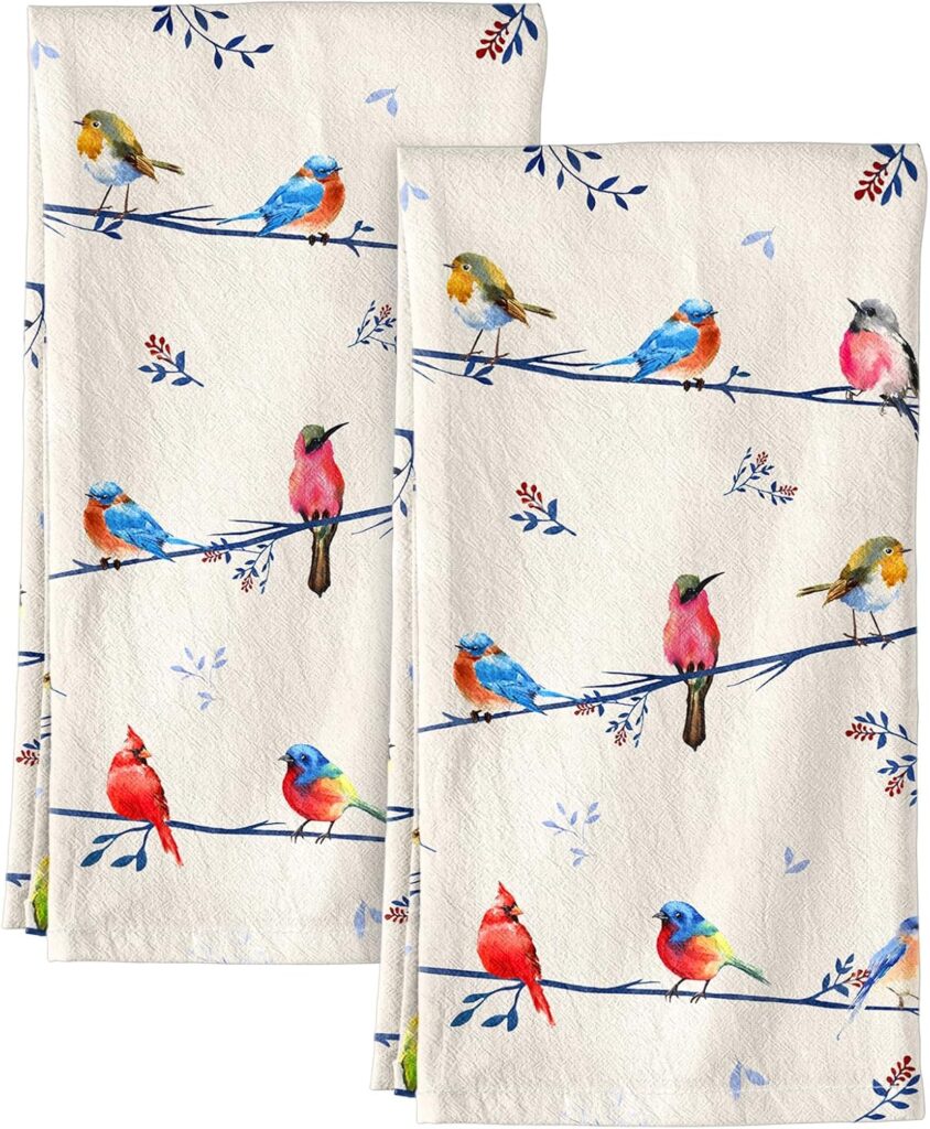 Flour Sack Kitchen Towels Set of 2-18×26 Cotton Dish Towels with Hanging Loop Reusable Tea Towel for Cleaning Spring Absorbent Dishcloths Cute Home Decor Housewarming, Watercolor Bird