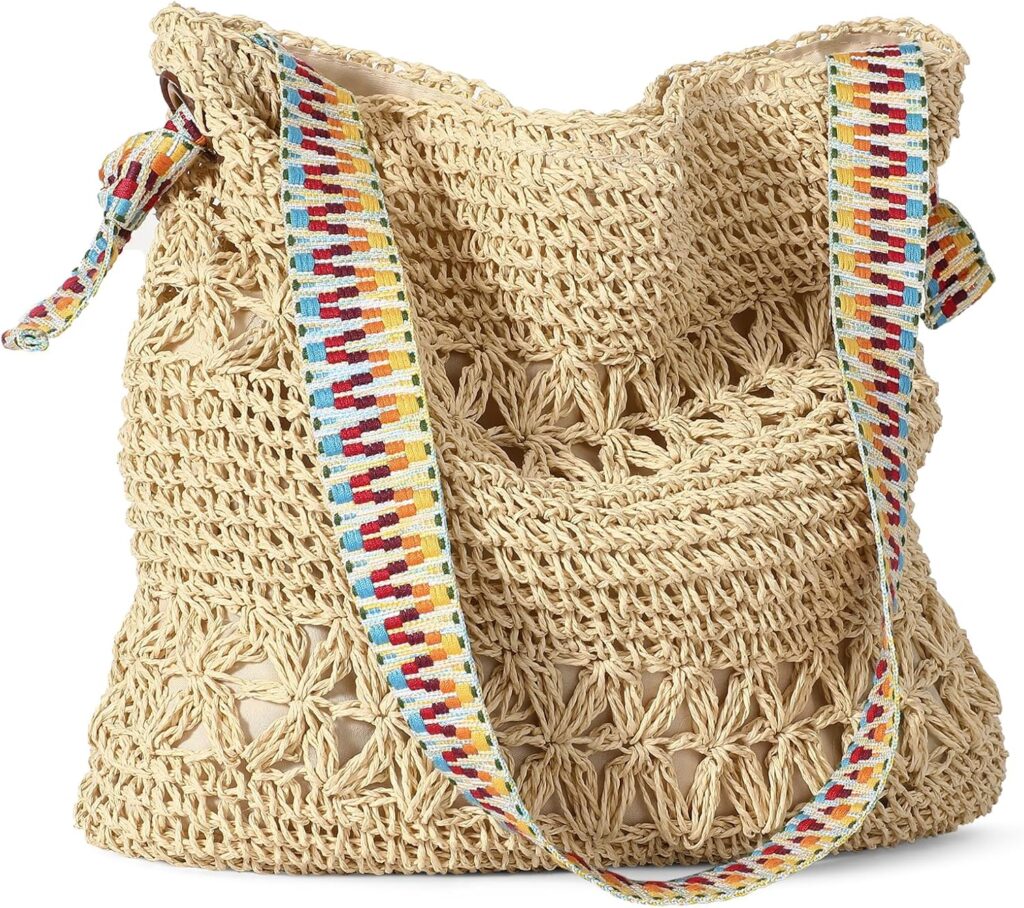 Pleneal Straw Beach Bags for Women – Women Beach Handmade Woven Tote Bag, Summer Mesh Hollow Shoulder Bag for Holiday