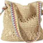 Pleneal Straw Beach Bags for Women – Women Beach Handmade Woven Tote Bag, Summer Mesh Hollow Shoulder Bag for Holiday