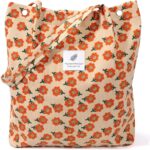 Corduroy Tote Bags for Women, Large Capacity Tote Purse Reusable Grocery Shoulder Bag with Inner Pockets