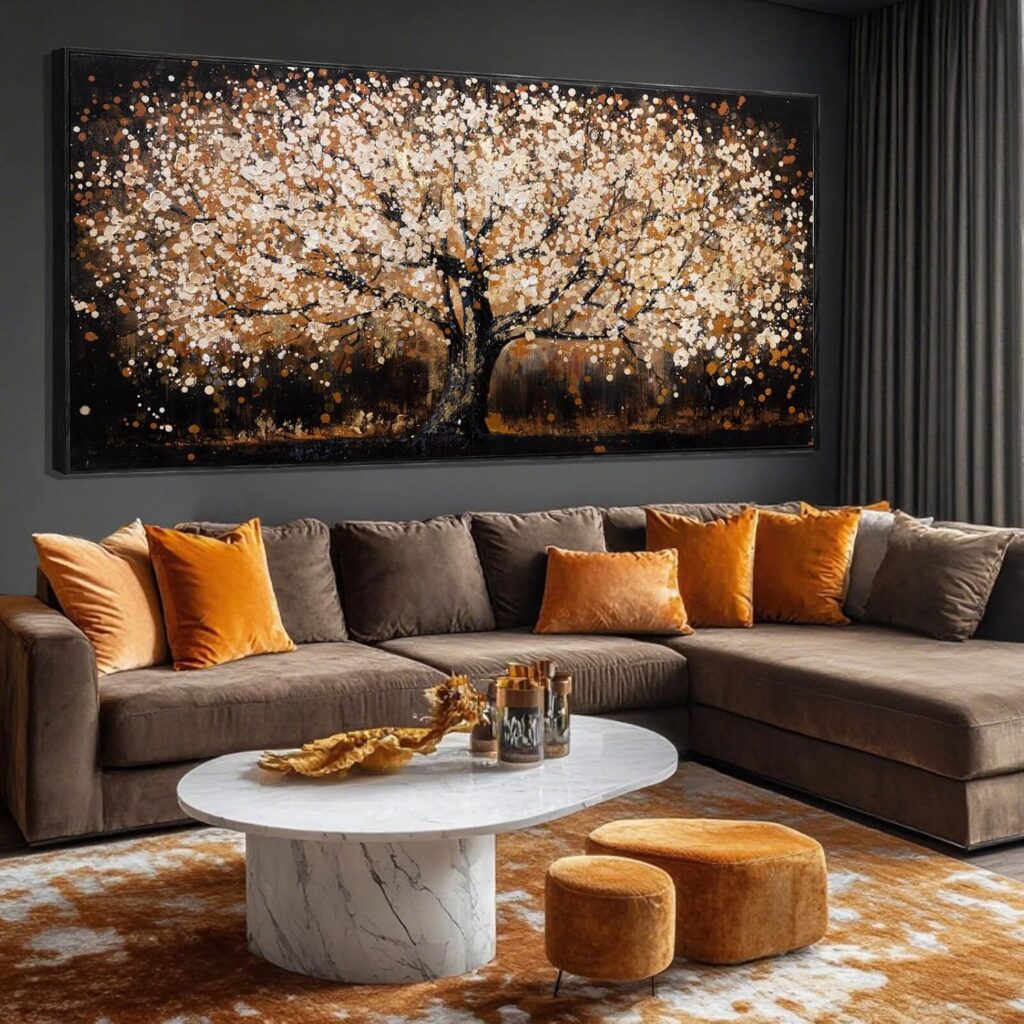 Gold Tree Art Landscape Canvas Wall Art Neutral Art Prints for Dining Room Black Pictures Wall Decor for Living Room Home Hotel Hanging Artwork 32″x 70″